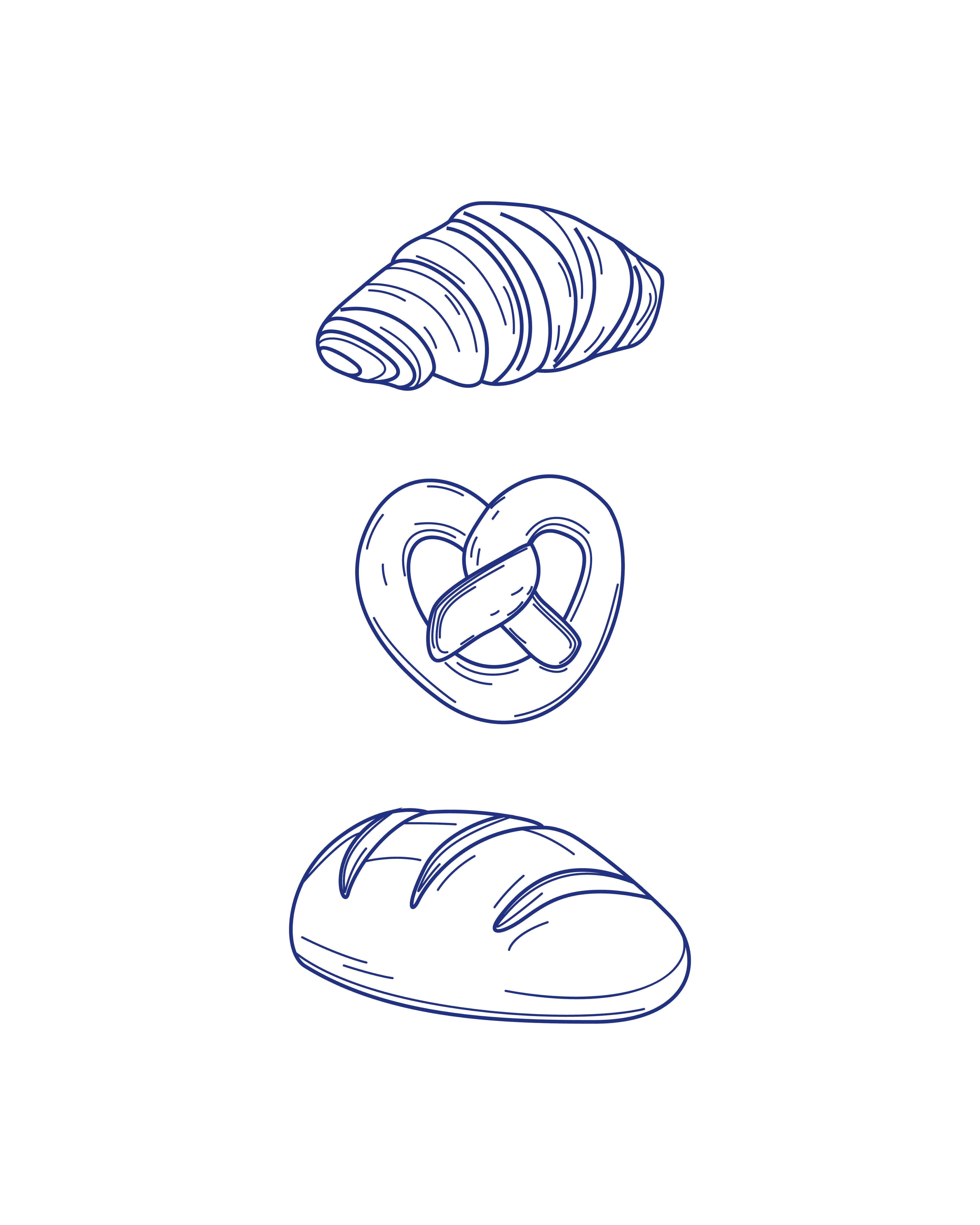 Minimalistische lijntekeningen van een croissant, pretzel en brood in blauwe inkt op een witte achtergrond.