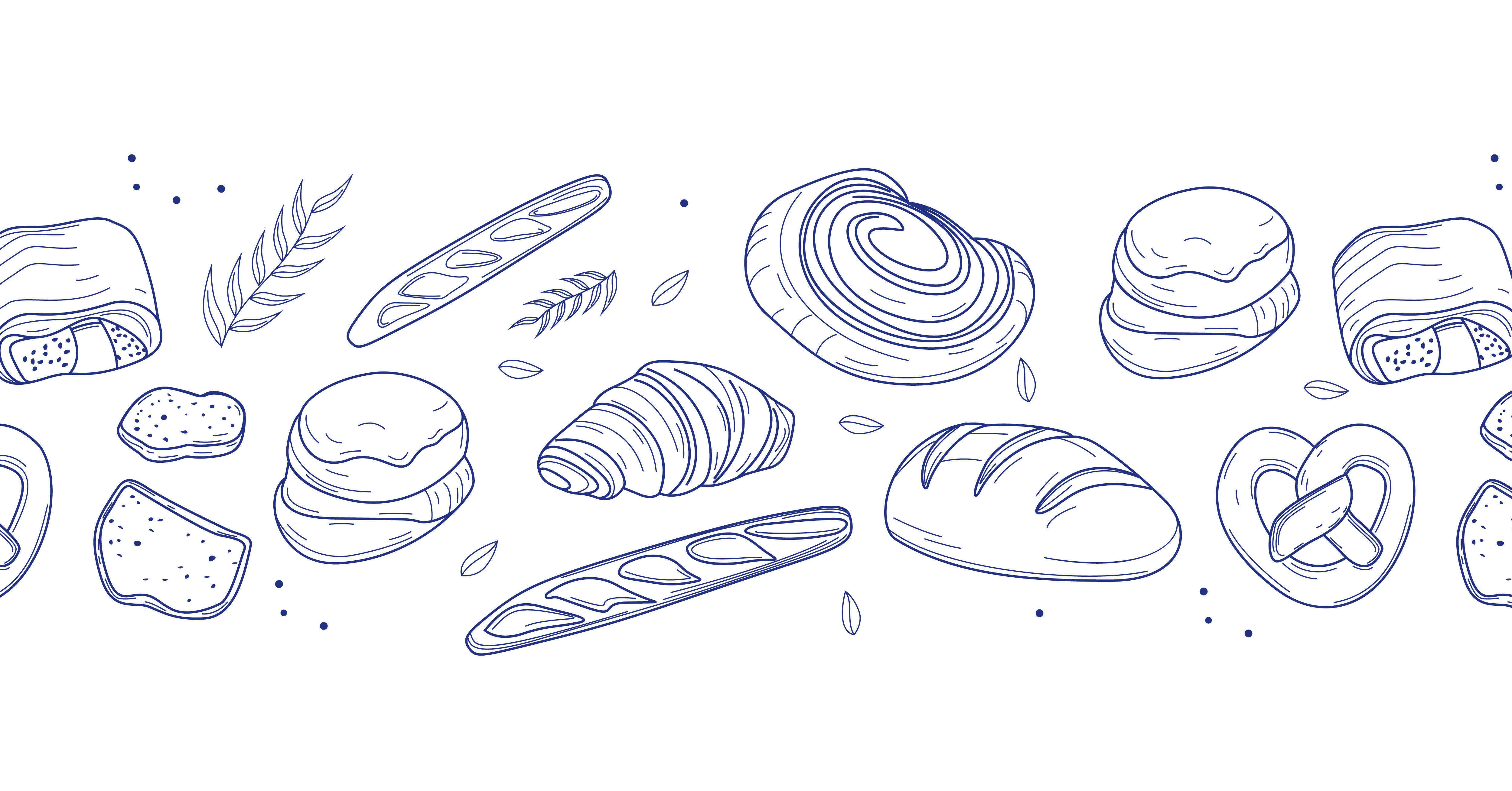 Horizontale illustratieband met blauwe lijntekeningen van diverse bakkerijproducten zoals croissants, baguettes, pretzels, broodjes en granen op een witte achtergrond.